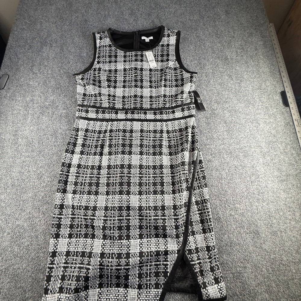 NY&C Black White Plaid Sheath Dress Faux Leather Trim XL NWT 6409
